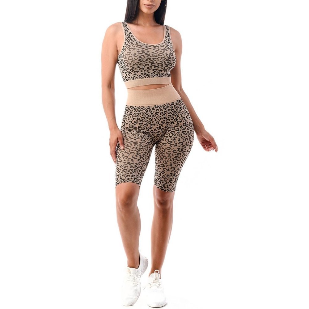 Leopard Seamless Bralette Biker Shorts Set Nude Brown Yoga Shopping Lounge Brown